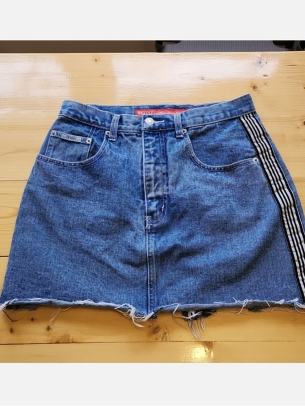 Revolt Mini Skirt Blue Denim Striped Raw Hem Y2K Racetrack 11/12